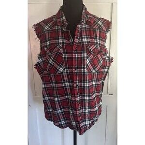 Nutexrol Red Plaid Sleeveless Frayed Flannel Shirt Snap Closure Unisex Sz M